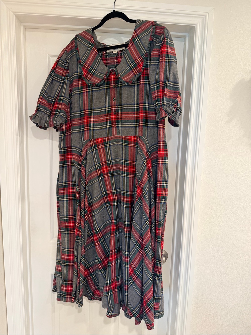 JessaKae Gray and Red Plaid Midi Dress with Peter Pan Collar